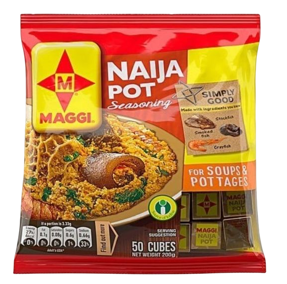 Naija pot seasoning is made from stoctfish , smoked fish & crayfish. This seasoning is good for soups ,pottages, Jollof rice and other dishes. Maggi Seasoning Cubes are all purpose seasoning condiments. It enhances all your dishes & a good source of Iron and Iodine.